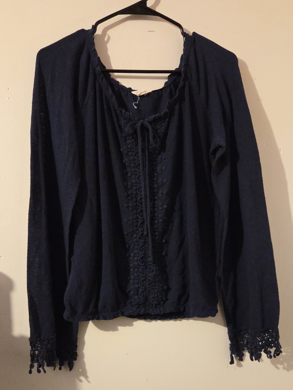 Aeropostale Navy Long-Sleeve Lace-Detail Peasant Top
